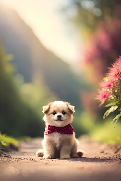 Un petit chien est assis sur un chemin dans une forêt.