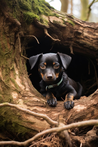 un petit chien est assis dans un creux dans les bois