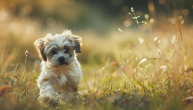 un petit chien est assis dans l'herbe au soleil