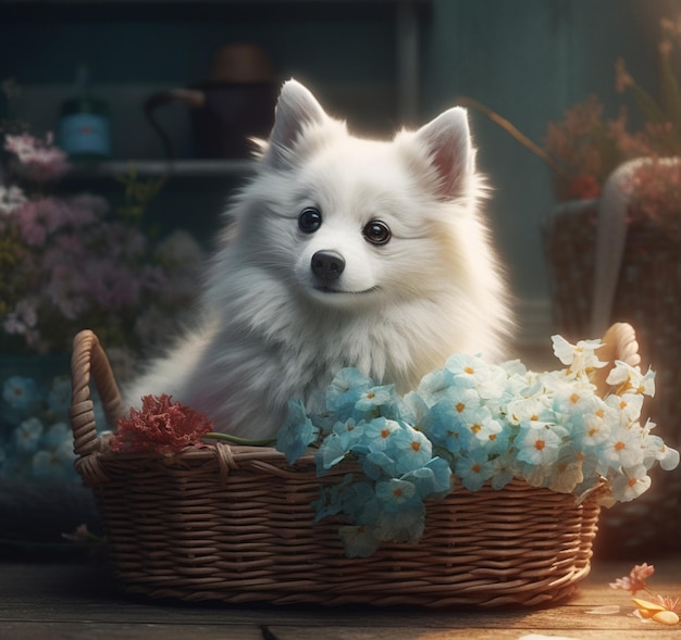 Un petit chien est assis dans un panier avec des fleurs dessus.