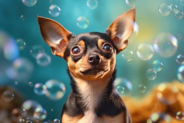 un petit chien est assis devant des bulles