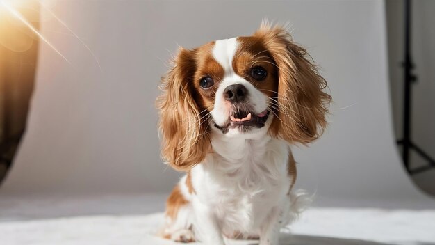 Un petit chien est un portrait adorable dans un studio.