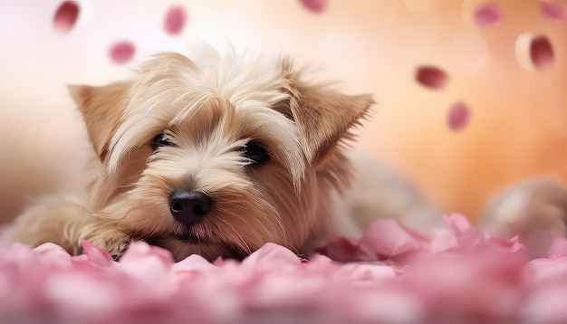 Petit chien heureux en fleurs concept de la Saint-Valentin