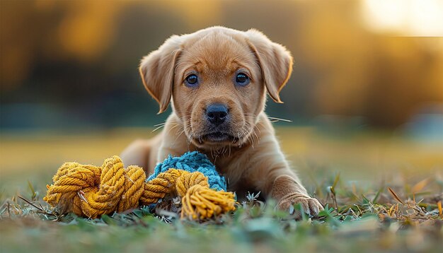 Petit chien heureux jouant avec une balle de jouet d'animal de compagnie sur la pelouse de l'arrière-cour Jouant avec la propriétaire de la balle de jouets