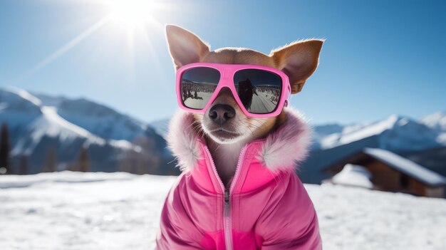 Un petit chien joyeux et actif dans une veste rose et des lunettes court à travers la neige surplombant