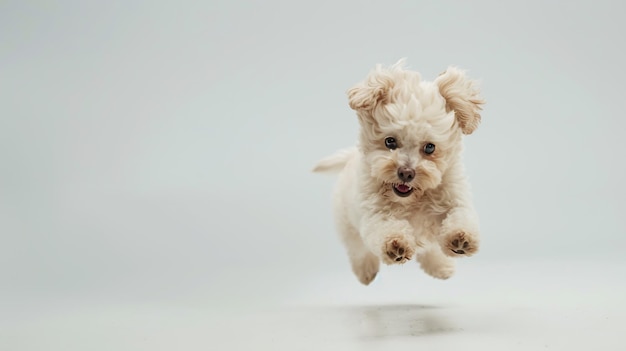 Petit chien Maltipoo ludique qui court en jouant isolé sur un fond blanc AI générative