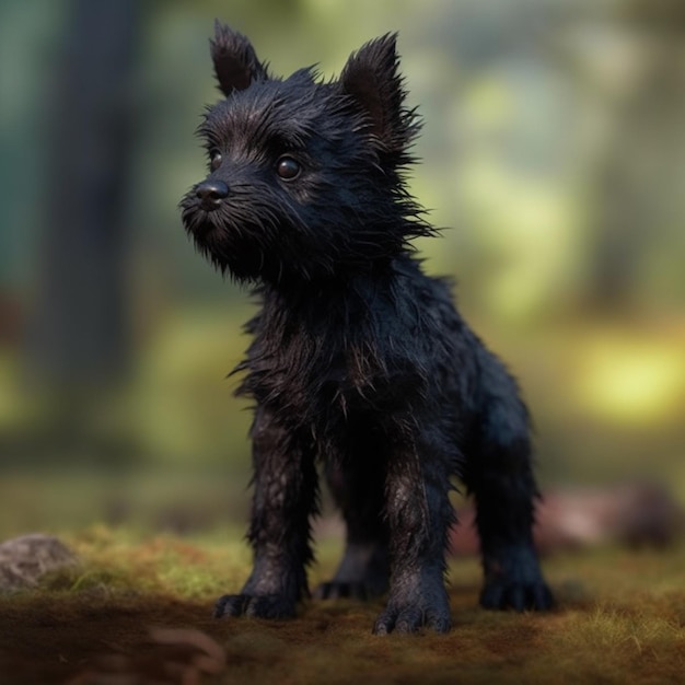 Un petit chien avec un manteau de fourrure noire se dresse dans une forêt.