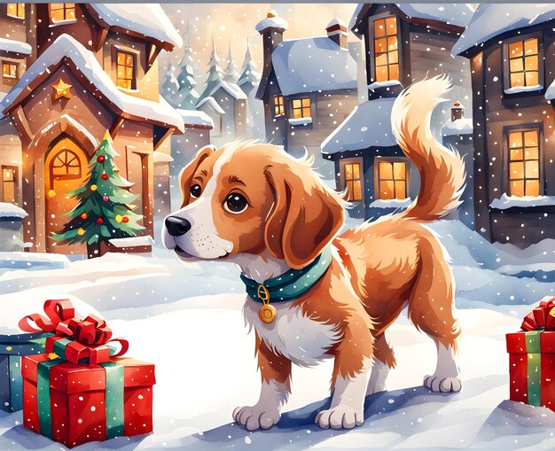 Un petit chien mignon avec beaucoup de cadeaux de Noël en hiver
