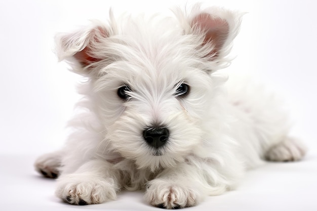 Un petit chien mignon et moelleux sur fond blanc