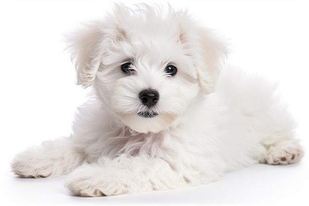 Un petit chien mignon et moelleux sur fond blanc