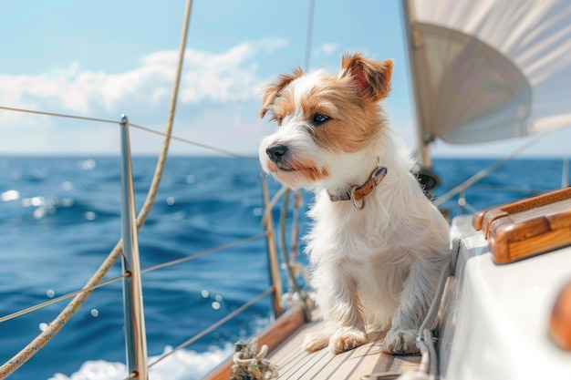 Photo petit chien mignon naviguant sur le pont d'un yacht de luxe contre l'eau de mer par une belle journée d'été ensoleillée