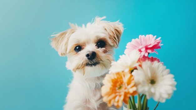 Petit chien mignon tenant un bouquet de fleurs sur un fond bleu Carte de printemps pour la Saint-Valentin, le jour de l'anniversaire de la femme