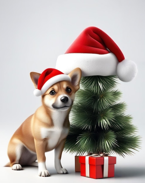 Petit chien portant un chapeau de Père Noël, arbre de Noël, cadeaux, mini arbre