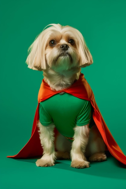 Petit chien portant une chemise verte et une cape rouge assis sur fond vert Generative AI