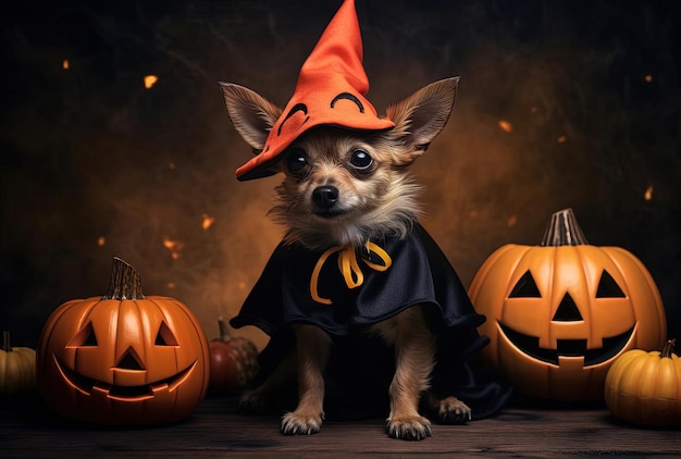petit chien portant un costume d'Halloween avec du bouillon de citrouille photo