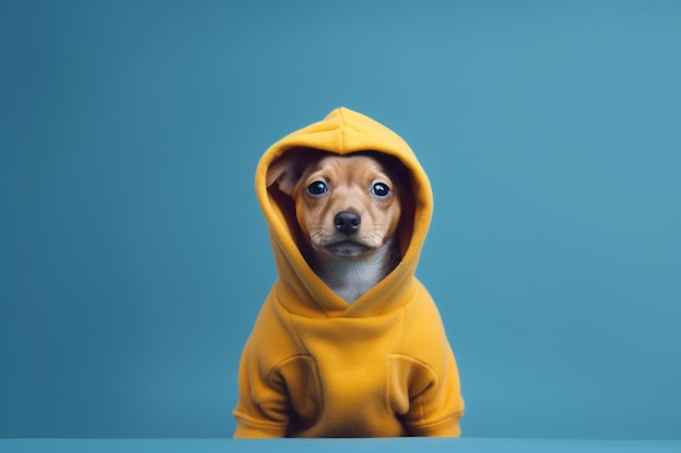 Un petit chien portant un sweat à capuche jaune avec le mot chien dessus