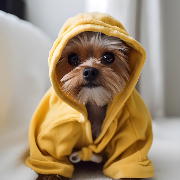 Un petit chien portant un sweat à capuche jaune qui dit "le chien porte un sweat à capuche"