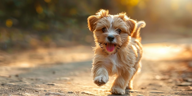 Un petit chien qui court sur une route de terre