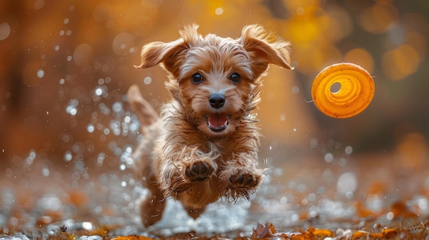 Petit chien qui court à travers le champ avec un frisbee