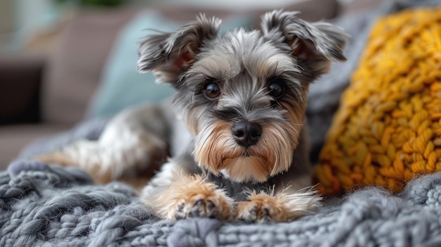 Un petit chien reposé sur une couverture