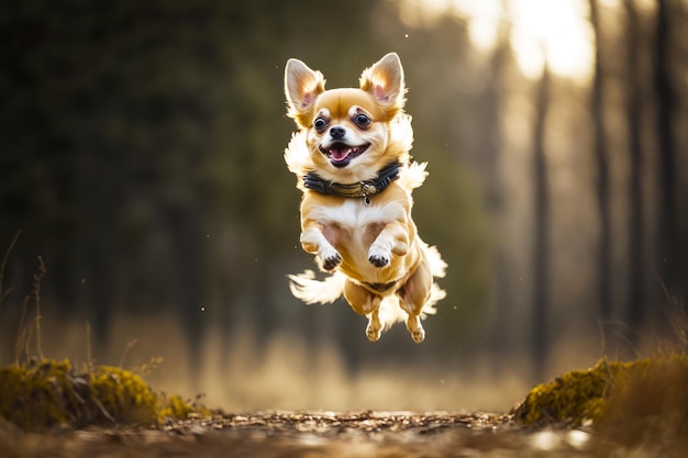 Petit chien sautant en l'air avec la bouche ouverte et la langue tirée AI générative