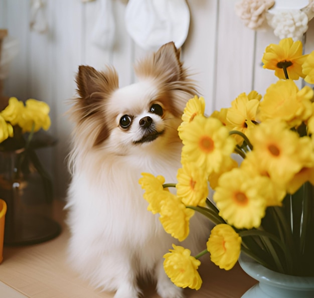 Un petit chien se tient à côté d'un vase de fleurs