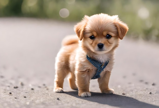 Photo un petit chien se tient sur la route avec un collier bleu