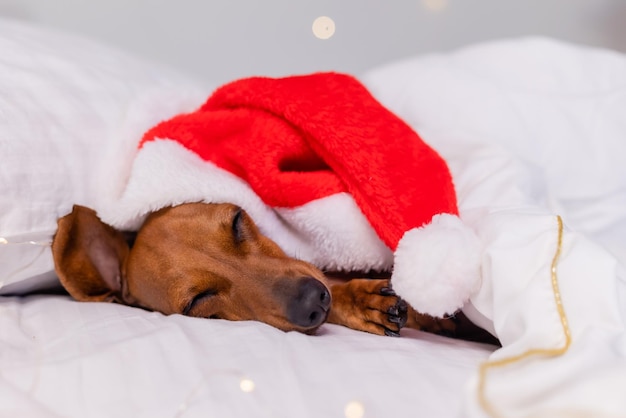 petit chien teckel dans un chapeau de Père Noël dort dans un lit blanc