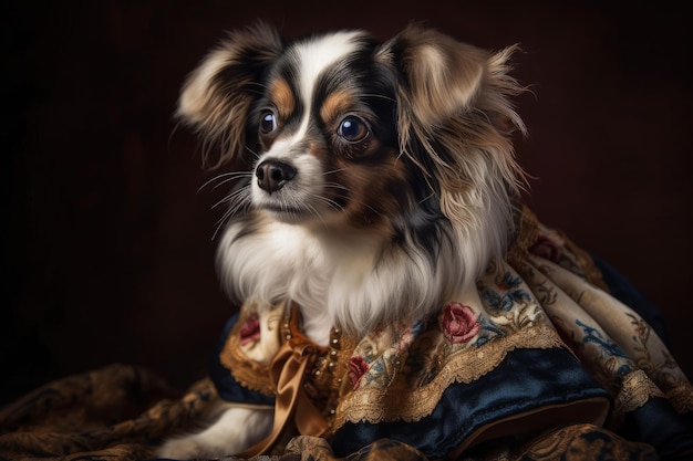 Un petit chien vêtu d'une robe bleue et or IA générative