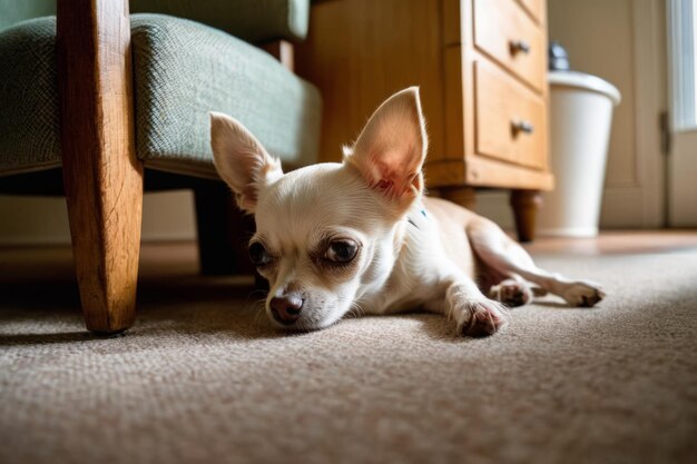 Un petit chihuahua dormait confortablement sous une chaise entre la jambe de la table et le coussin.