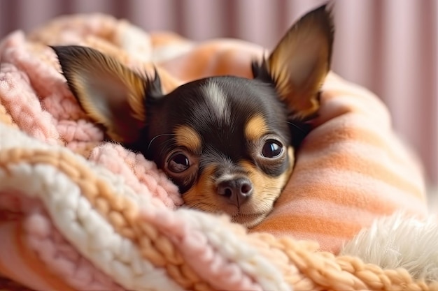 Un petit chihuahua mignon est couché dans son lit couvert de couvertures.