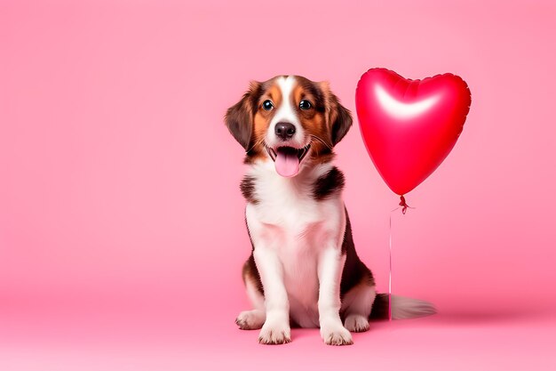 Petit chiot de Beagle avec un ballon en forme de cœur rouge sur un fond rose IA generativa