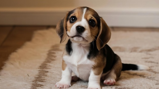 Un petit chiot de beagle qui regarde vers le haut.