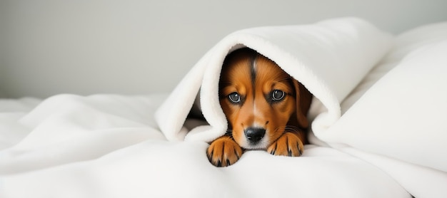 Un petit chiot brun jette un coup d'œil sous les couvertures sur le lit Generative AI