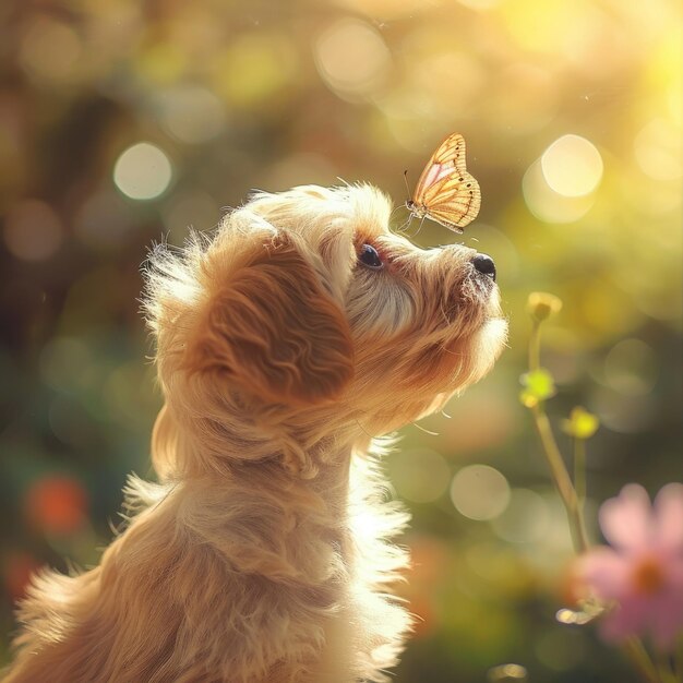 Un petit chiot curieux regardant un papillon perché sur son nez avec un jardin ensoleillé en arrière-plan dans un charmant style capricieux v 6 Job ID 3b29b1e9d0654653839743e04592646c