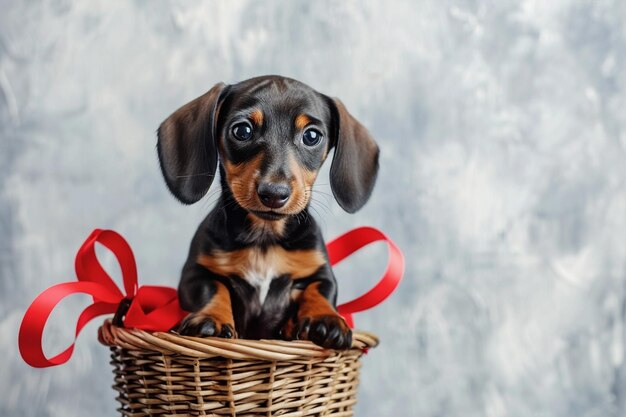 Petit chiot de dachshund avec un nœud rouge dans le panier mur de brique rustique en arrière-plan