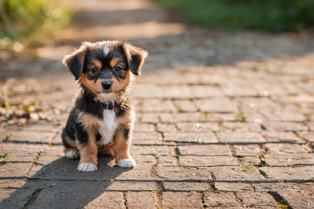 Un petit chiot dans le parc Un petit chien heureux joue dans la cour dans le parc d'été