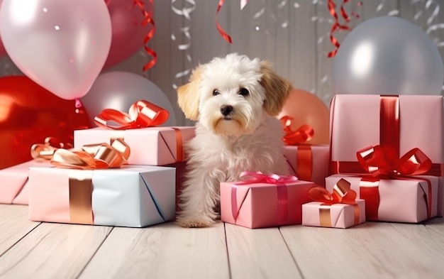 Photo petit chiot mignon avec des boîtes de cadeaux célébration du nouvel an ai generative