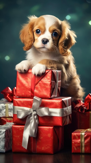 Petit chiot mignon avec des boîtes de cadeaux de Noël concept photo affiche joyeux présent année nouvelle rouge