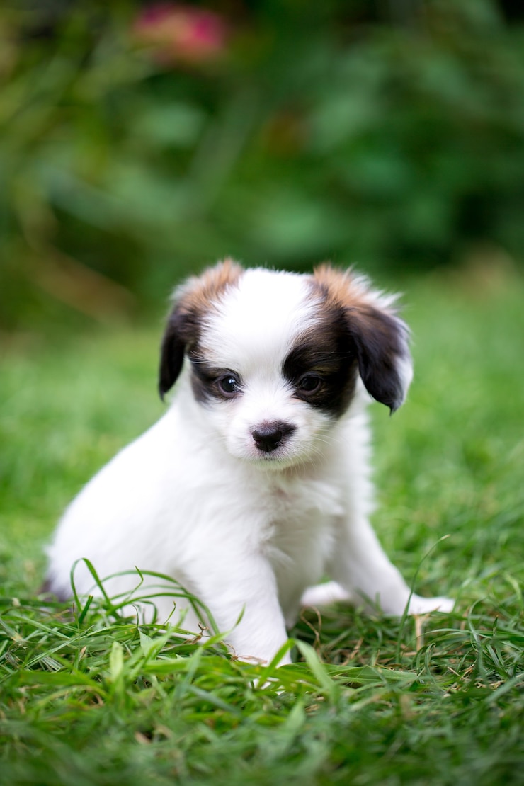 Photo petit chiot race papillon jouant sur l'herbe dans le jardin