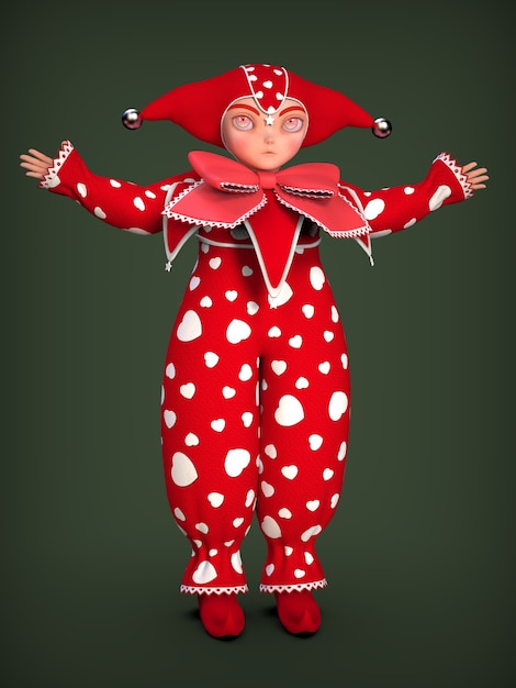 Un petit clown elfe en costume rouge. illustration 3D