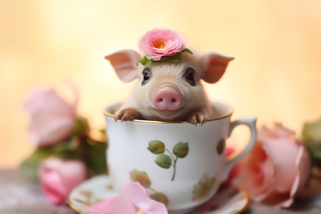 Photo un petit cochon assis dans une tasse de thé avec des roses