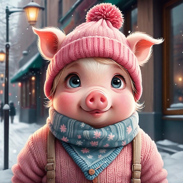 un petit cochon mignon portant un chapeau et des mouchoirs tricotés pour l'hiver dehors dans la rue