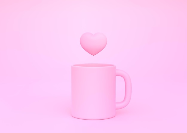 Petit coeur doux flottant sur la tasse rose avec illustration de rendu 3D sur fond rose pastel