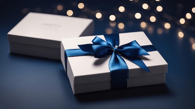 Petit coffret cadeau de luxe avec un noeud bleu sur une table bleu foncé générée par l'IA