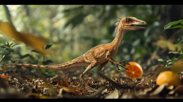 Un petit compsognathus se précipite à la recherche de fruits tombés sur le sol de la forêt.