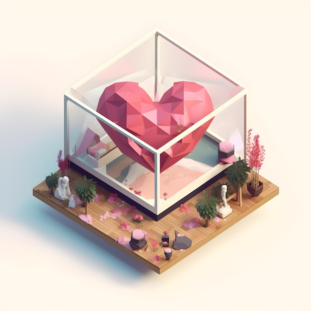 Un petit cube avec un objet en forme de coeur dedans