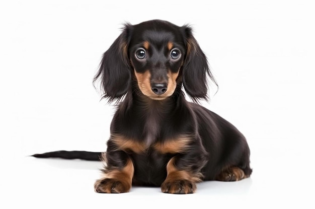 Photo un petit dachshund assis sur un fond blanc