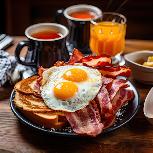 Un petit déjeuner américain traditionnel avec des œufs, du bacon et des toasts.