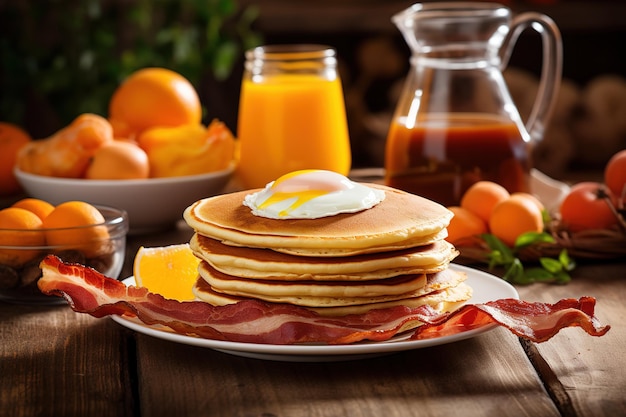 Un petit déjeuner américain traditionnel et sain avec des œufs, du bacon et des crêpes, du jus d'orange.